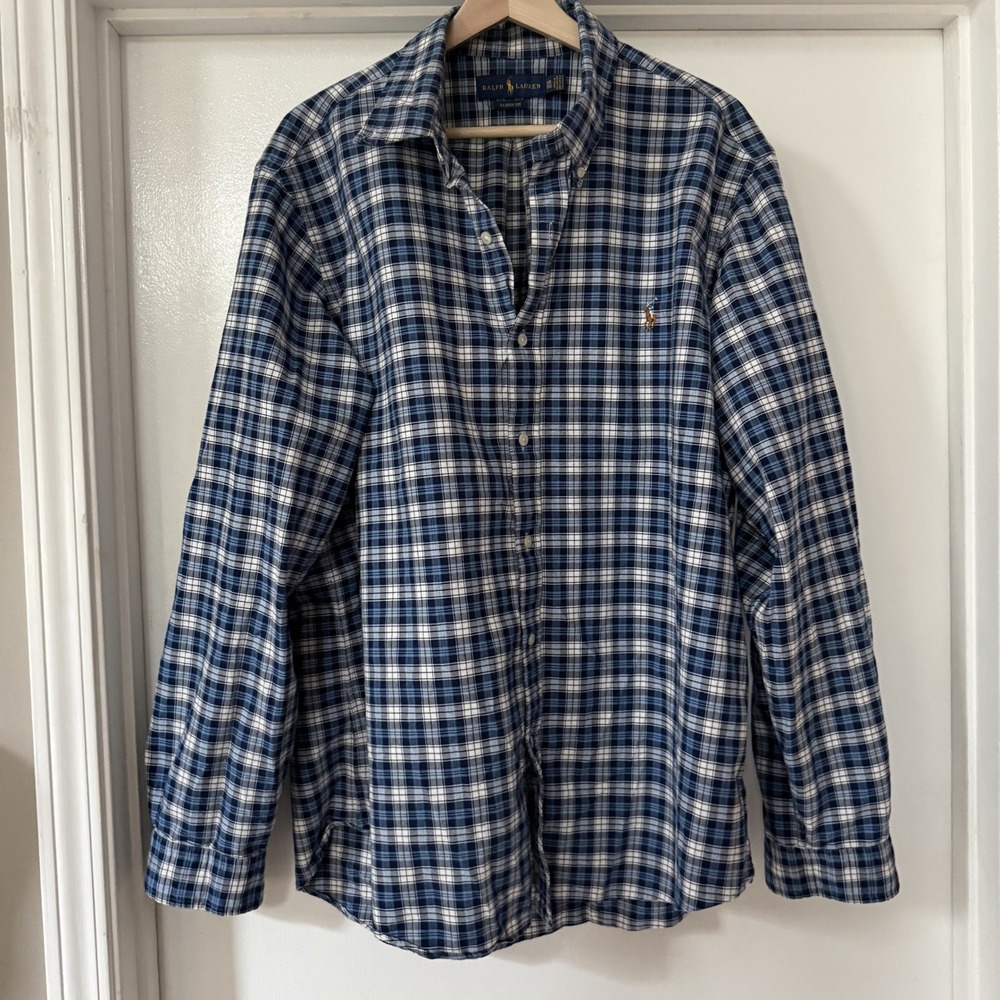 Ralph Lauren Button-Down Oxford Shirt Blue Mens XXL Plaid Excellent Condition
